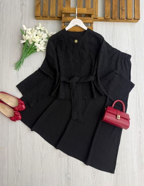 NODH DESENLİ TEK DÜĞMELİ CEKET ETEK TAKIM 1745-01-SİYAH - 1