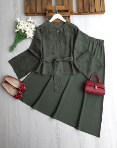 NODH DESENLİ TEK DÜĞMELİ CEKET ETEK TAKIM 1745-09-HAKİ - 1