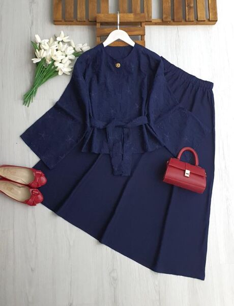 NODH DESENLİ TEK DÜĞMELİ CEKET ETEK TAKIM 1745-12-LACİVERT - 1