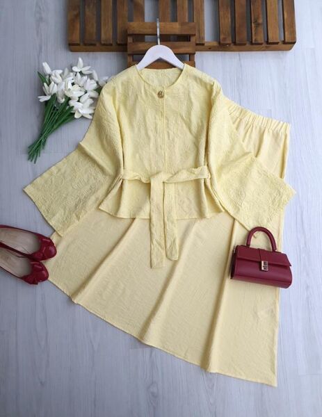 NODH DESENLİ TEK DÜĞMELİ CEKET ETEK TAKIM 1745-23-SARI - 1