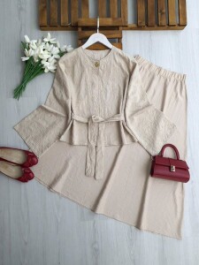 NODH DESENLİ TEK DÜĞMELİ CEKET ETEK TAKIM 1745-34-BEJ - 1