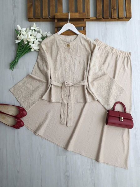 NODH DESENLİ TEK DÜĞMELİ CEKET ETEK TAKIM 1745-34-BEJ - 1