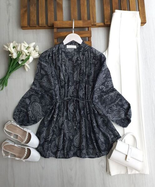 NODK HAKİM YAKA BİRİT DÜĞMELİ BASKILI SALAŞ GÖMLEK TUNİK B4-2-5731-58-FÜME - 1