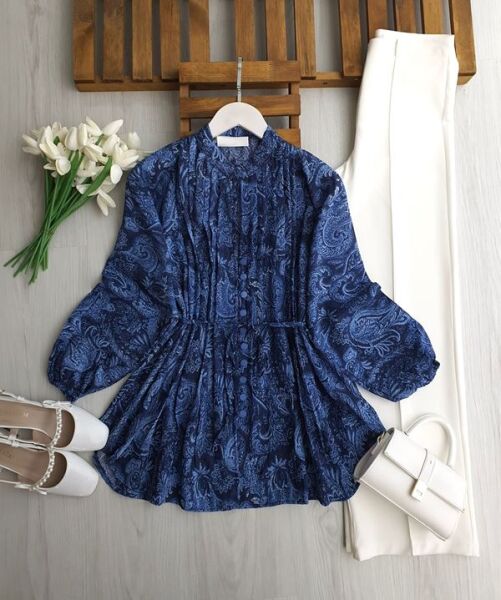 NODK HAKİM YAKA BRİT DÜĞMELİ BASKILI SALAŞ GÖMLEK TUNİK B4-2-5731-11-İNDİGO - 1