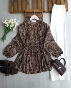 NODK HAKİM YAKA BRİT DÜĞMELİ BASKILI SALAŞ GÖMLEK TUNİK B4-2-5731-37-KAHVE - 1