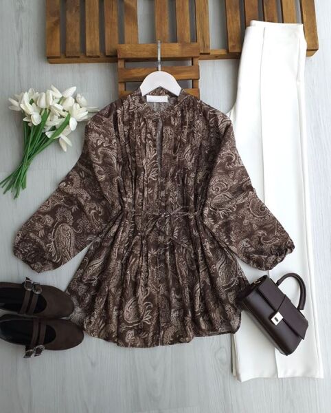 NODK HAKİM YAKA BRİT DÜĞMELİ BASKILI SALAŞ GÖMLEK TUNİK B4-2-5731-37-KAHVE - 1