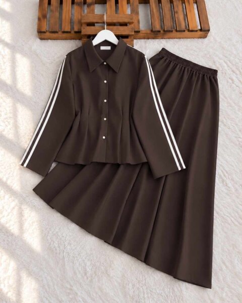 NOFE KOLU ŞERİTLİ BELİ DİKİŞLİ ETEKLİ TAKIM B4-1-10011-37-KAHVE - 1