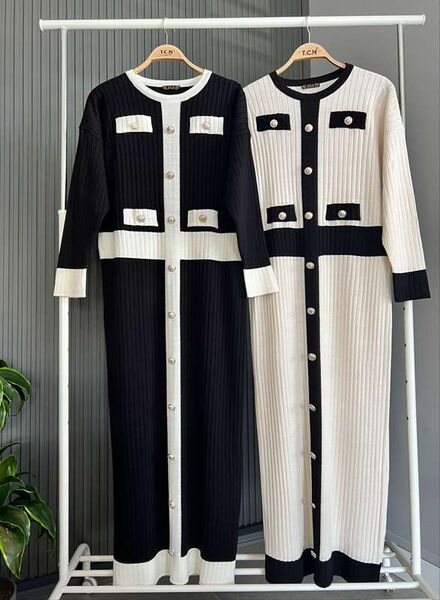 NOGE DÜĞME DETAYLI TRİKO ELBİSE A6-2-8118-50-KEMİK - 1