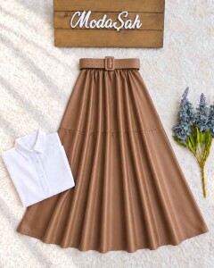 NOLKE GENİŞ DERİ KEMERLİ BELİ LASTİKLİ DERİ ETEK 40007-43-CAMEL - 