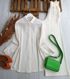 NOM BEL GİPELİ BOL PANTOLON GÖMLEK İKİLİ TAKIM C6-23282-50-KEMİK - 