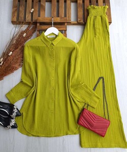 NOM BEL GİPELİ BOL PANTOLON GÖMLEK İKİLİ TAKIM C6-23282-70-YAĞ YEŞİLİ - 