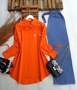 NOYSE KOLU BAĞLAMALI TAŞLI SALAŞ GÖMLEK C5--5268-15-ORANJ - 