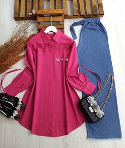 NOYSE KOLU BAĞLAMALI TAŞLI SALAŞ GÖMLEK C5-5268-28-FUŞYA - 