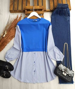 NOYEN ÇİZGİLİ GÖMLEK GARNİLİ TUNİK B1-5-5465-14-SAKS - 