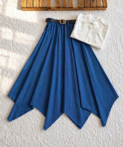 NUBES ASİMETRİK KESİM DERİ KEMERLİ KİLOŞ ETEK 6108-11-İNDİGO - 1