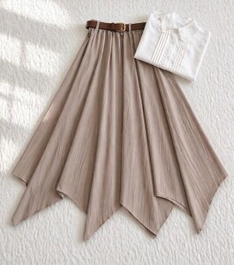 NUBES ASİMETRİK KESİM DERİ KEMERLİ KİLOŞ ETEK 6108-25-VİZON - 1