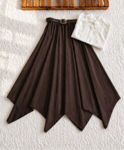 NUBES ASİMETRİK KESİM DERİ KEMERLİ KİLOŞ ETEK 6108-37-KAHVE - 1