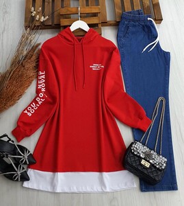 NUCAS BEYAZ GARNİLİ KOL BASKILI TUNİK C2-5344-03-KIRMIZI - 