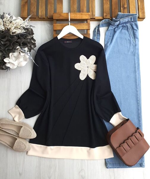 NUFSA NAKIŞLI AKSESUARLI ÇIMALI TUNİK B1-4- 5613-01-SİYAH - 1