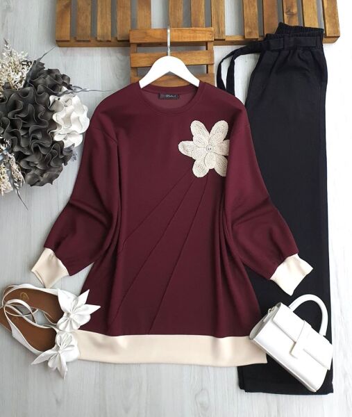 NUFSA NAKIŞLI AKSESUARLI ÇIMALI TUNİK B1-4-5613-04-BORDO - 1