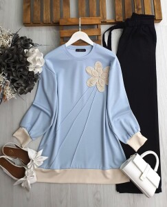 NUFSA NAKIŞLI AKSESUARLI ÇIMALI TUNİK B1-4-5613-10-MAVİ - 1