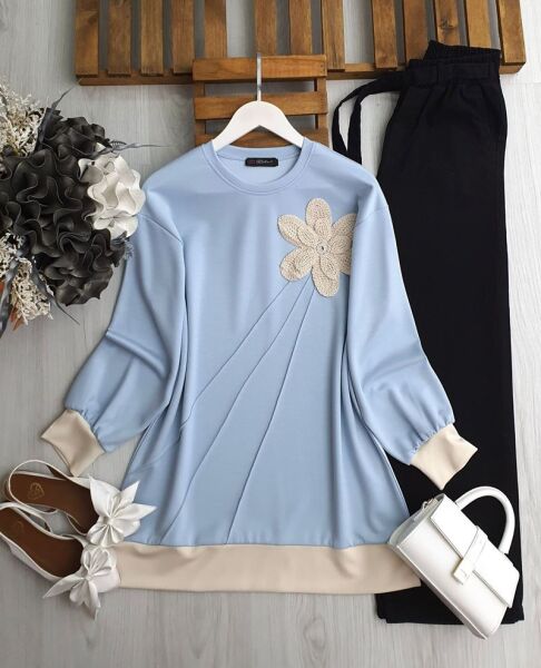 NUFSA NAKIŞLI AKSESUARLI ÇIMALI TUNİK B1-4-5613-10-MAVİ - 1