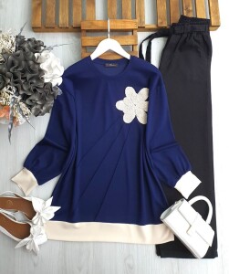 NUFSA NAKIŞLI AKSESUARLI ÇIMALI TUNİK B1-4-5613-12-LACİVERT - 1