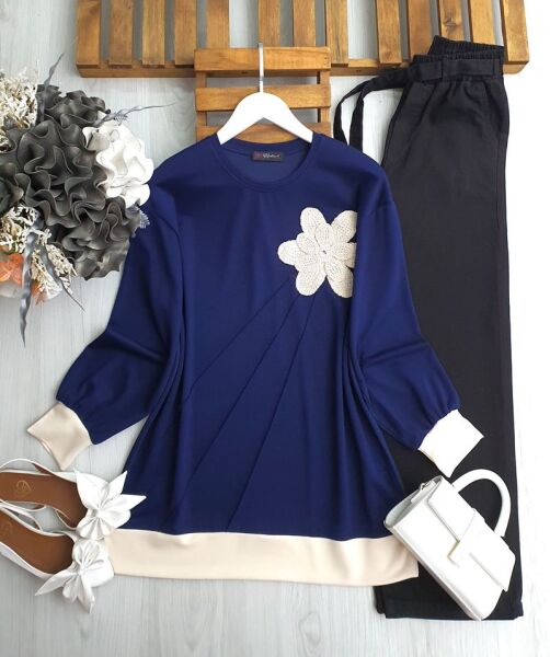 NUFSA NAKIŞLI AKSESUARLI ÇIMALI TUNİK B1-4-5613-12-LACİVERT - 1