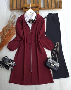 NUGE KAPÜŞONLU CEPLİ TAM BOY KETEN KAP B10-5-3140-04-BORDO - 
