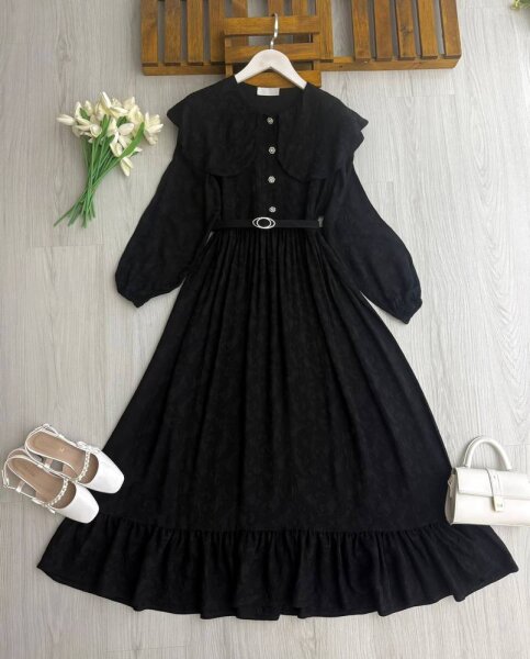 NUHDA KEMERLİ BÜYÜK YAKA ALTI FIRFIRLI ELBİSE A5-1-2424-01-SİYAH - 1