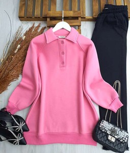 NURZ DÜĞMELİ YAKALI ÜÇ İPLİK TUNİK B5-5-5483-47-PEMBE - 