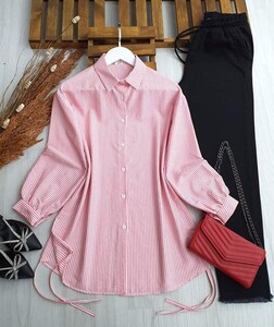 NUYA BALON KOL YANDAN BAĞLAMALI GÖMLEK TUNİK A10-4-5438-05-PUDRA - 