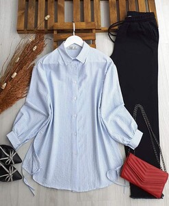 NUYA BALON KOL YANDAN BAĞLAMALI GÖMLEK TUNİK A10-4-5438-10-MAVİ - 