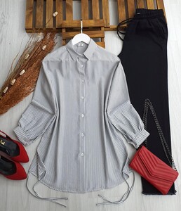 NUYA BALON KOL YANDAN BAĞLAMALI GÖMLEK TUNİK A10-4-5438-26-GRİ - 