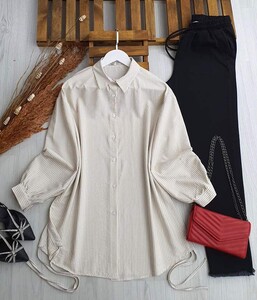 NUYA BALON KOL YANDAN BAĞLAMALI GÖMLEK TUNİK A10-4-5438-34-BEJ - 