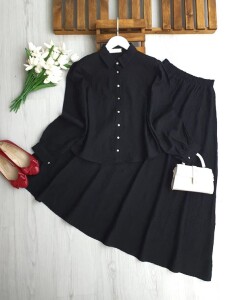 NUZGİ KENDİNDEN DESENLİ JAKARLI ETEKLİ TAKIM 1735-01-SİYAH - 1