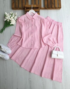 NUZGİ KENDİNDEN DESENLİ JAKARLI ETEKLİ TAKIM A4-3-1735-05-PUDRA - 1