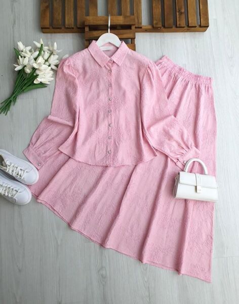 NUZGİ KENDİNDEN DESENLİ JAKARLI ETEKLİ TAKIM 1735-05-PUDRA - 1