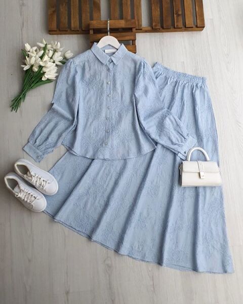 NUZGİ KENDİNDEN DESENLİ JAKARLI ETEKLİ TAKIM 1735-10-MAVİ - 1