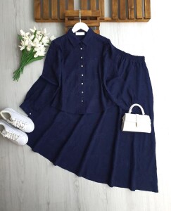 NUZGİ KENDİNDEN DESENLİ JAKARLI ETEKLİ TAKIM 1735-12-LACİVERT - 1