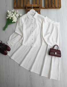 NUZGİ KENDİNDEN DESENLİ JAKARLI ETEKLİ TAKIM 1735-20-BEYAZ - 1