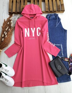NYC BASKILI KAPŞONLU SALAŞ TUNİK 5241-28-FUŞYA - 