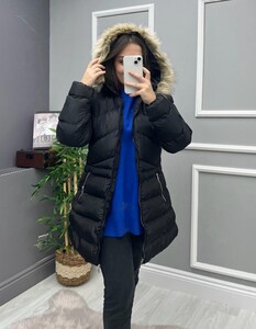 OBESA KÜRK KAPŞONLU ŞİŞME MONT -3154-3163-01-SİYAH - 