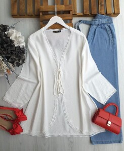 OCGA GÜPÜR GEÇİŞLİ ÖNÜ BAĞCIKLI KİMONO B7-2-5581-20-BEYAZ - 1