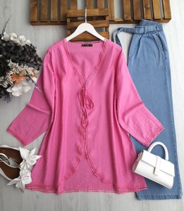 OCGA GÜPÜR GEÇİŞLİ ÖNÜ BAĞCIKLI KİMONO 5581-47-PEMBE - 