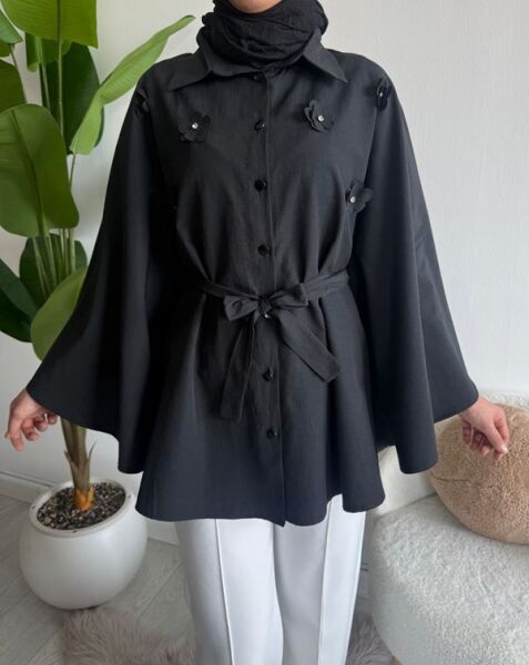 OCPA AKSESUARLI BELİ KEMERLİ PANÇO GÖMLEK 5709-01-SİYAH - 1