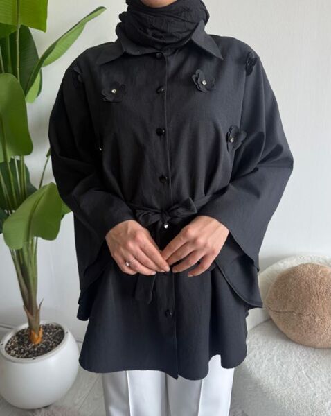 OCPA AKSESUARLI BELİ KEMERLİ PANÇO GÖMLEK 5709-01-SİYAH - 2