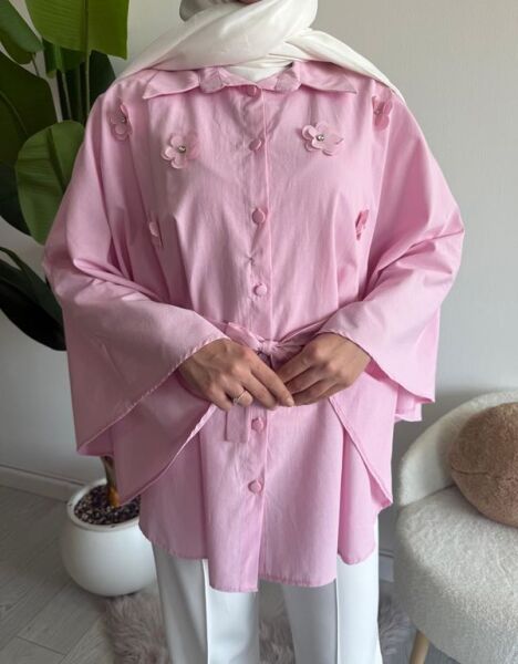 OCPA AKSESUARLI BELİ KEMERLİ PANÇO GÖMLEK 5709-05-PUDRA - 1