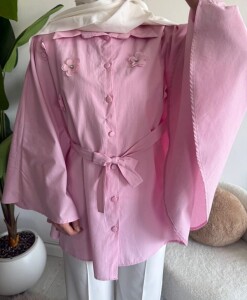 OCPA AKSESUARLI BELİ KEMERLİ PANÇO GÖMLEK 5709-05-PUDRA - 2