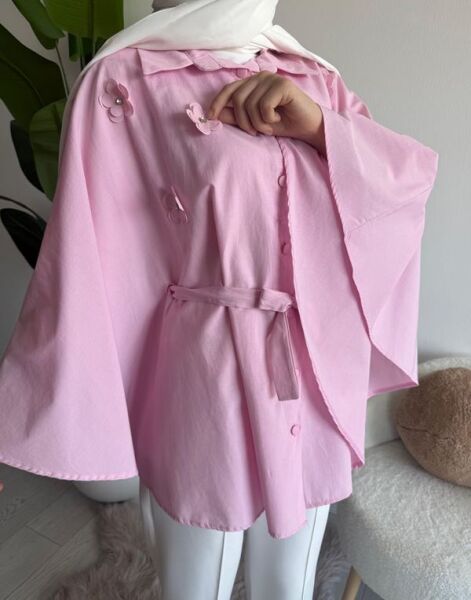 OCPA AKSESUARLI BELİ KEMERLİ PANÇO GÖMLEK 5709-05-PUDRA - 3